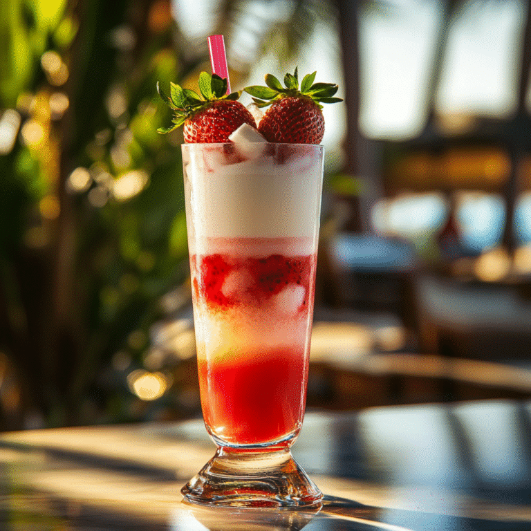 Miami Vice drink layered cocktail with strawberry and coconut
