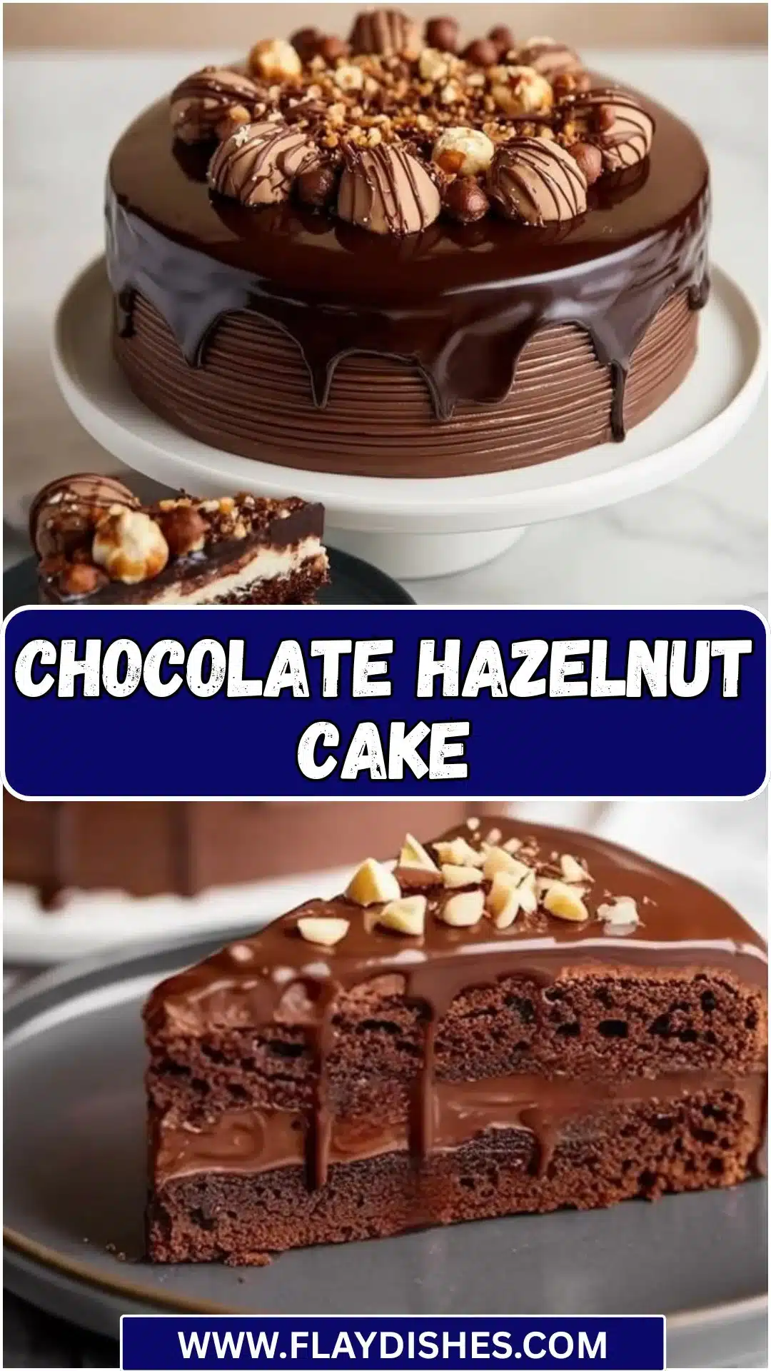 Delicious Chocolate Hazelnut Cake topped with chocolate ganache and hazelnuts