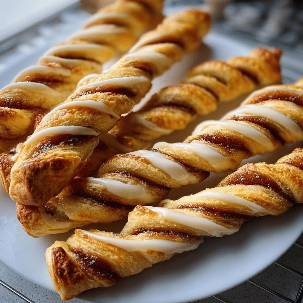 Puff Pastry Cinnamon Twists 3 Delicious puff pastry cinnamon twists on a plate