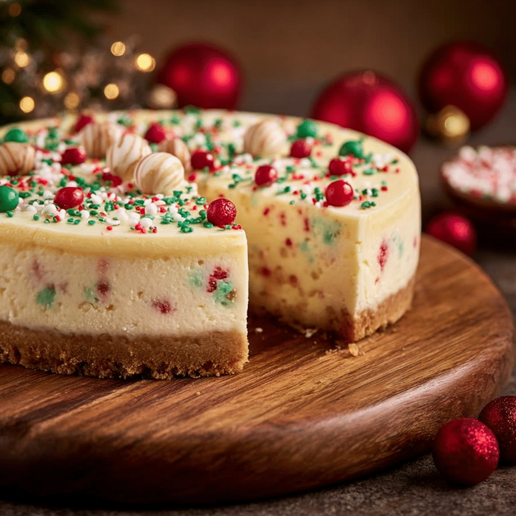 Sugar Cookie Cheesecake 1 Delicious sugar cookie cheesecake slice topped with sprinkles and whipped cream.