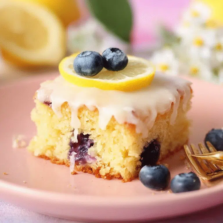 Delicious Lemon Blueberry Sheet Cake topped with fresh blueberries and lemon zest