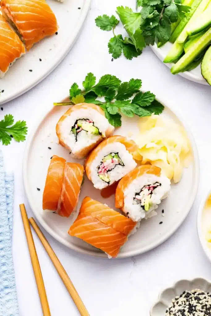 Delicious Alaska Roll sushi with salmon and avocado