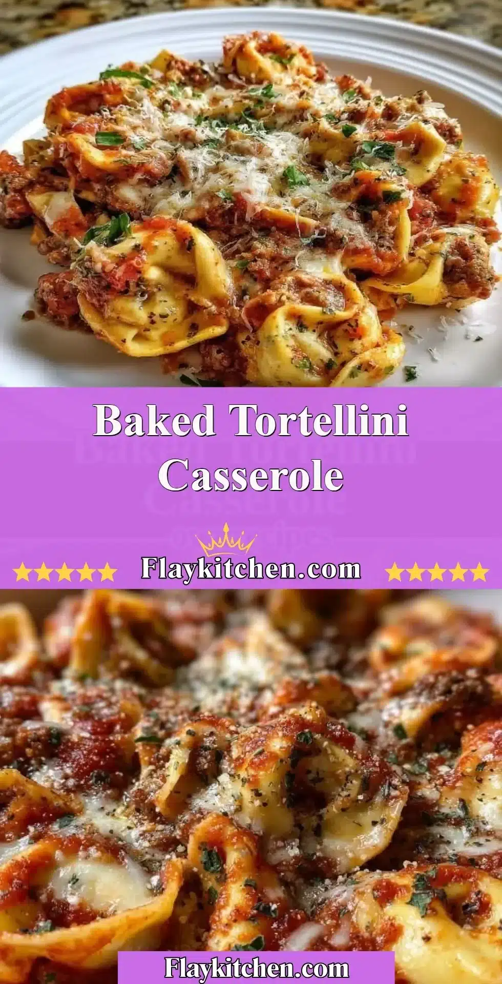 Baked tortellini casserole topped with melted cheese and fresh herbs