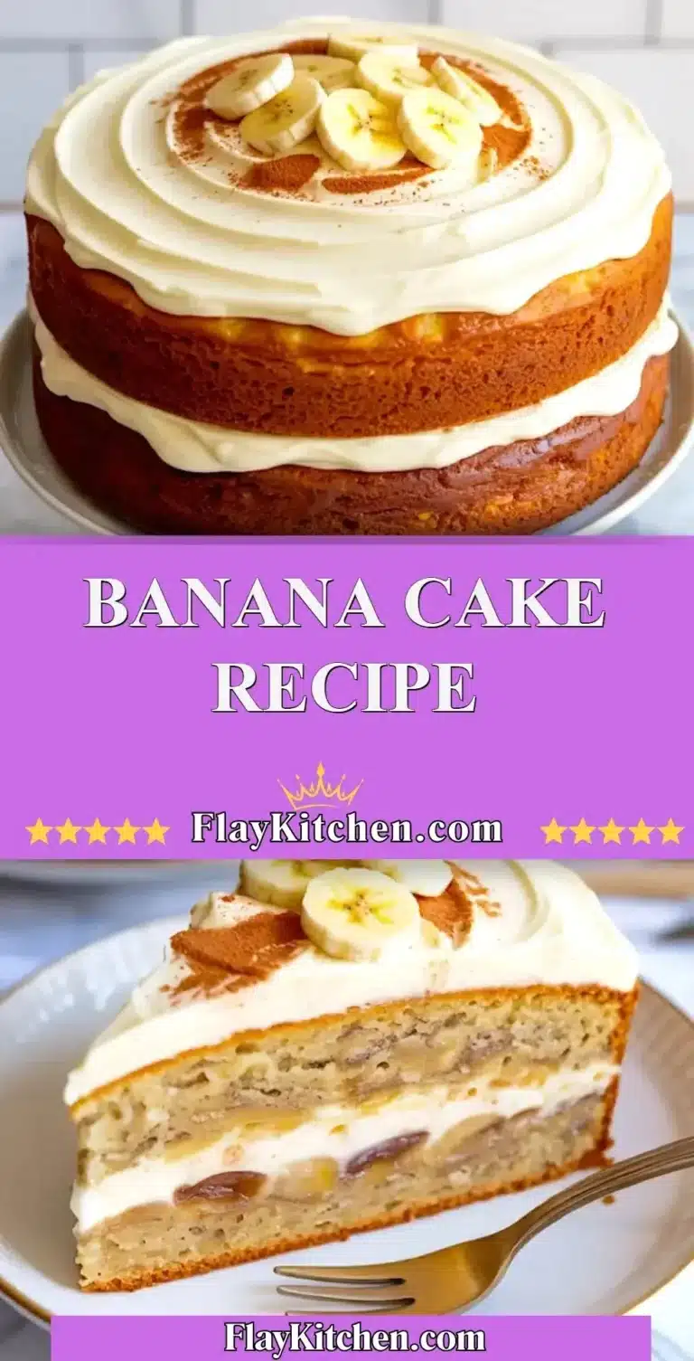 Homemade banana cake topped with cream cheese frosting and banana slices