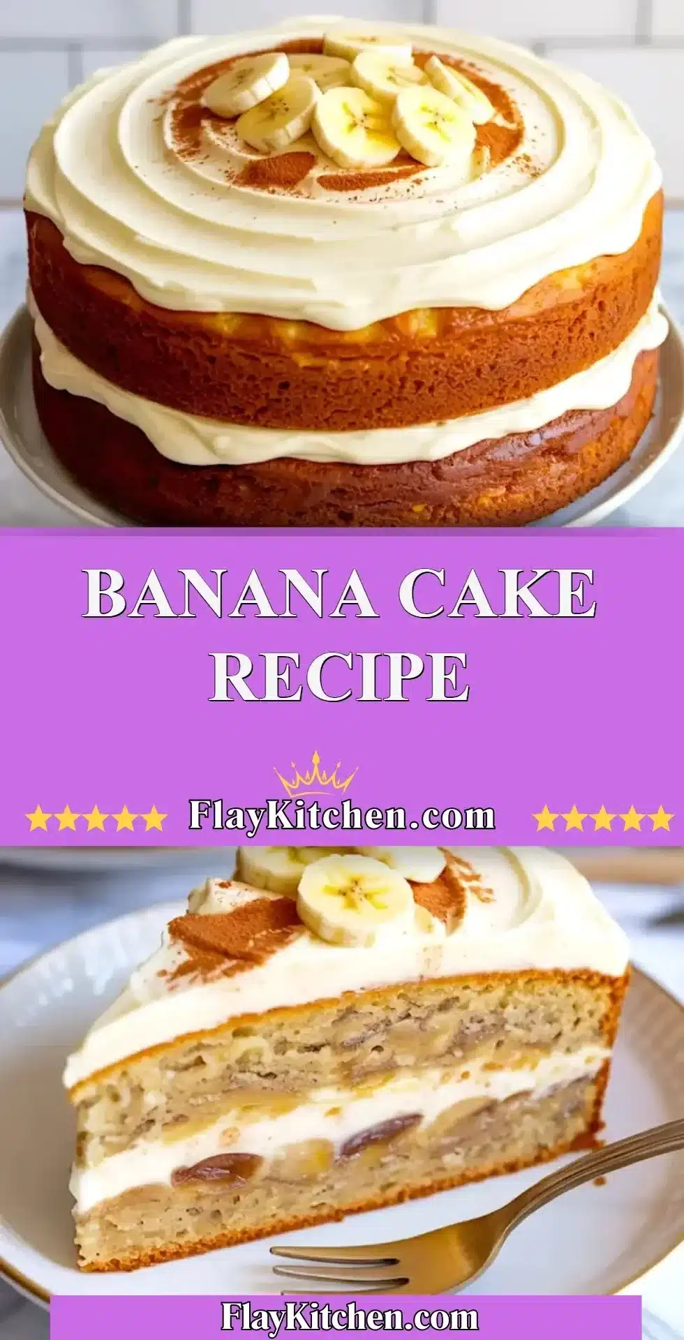 Homemade banana cake topped with cream cheese frosting and banana slices