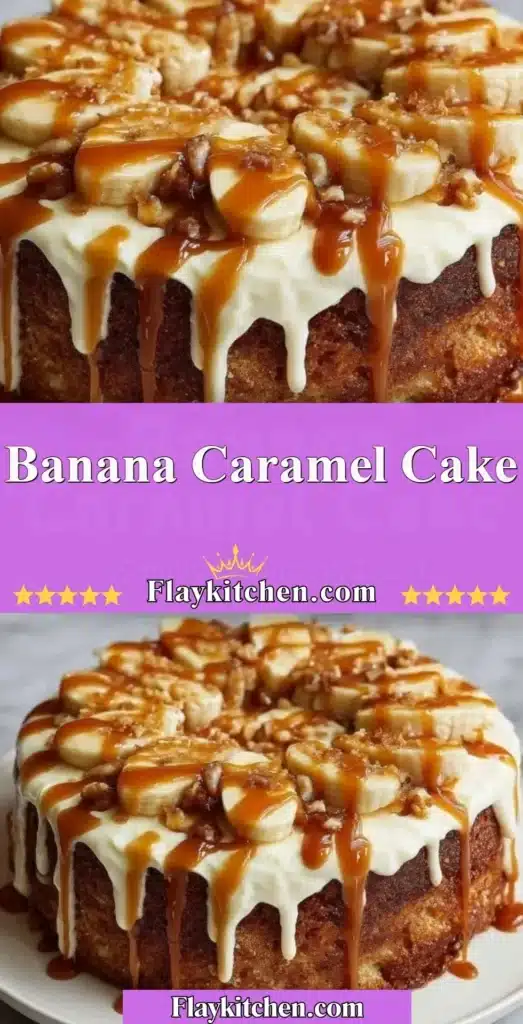 Delicious Banana Caramel Cake topped with caramel drizzle and banana slices