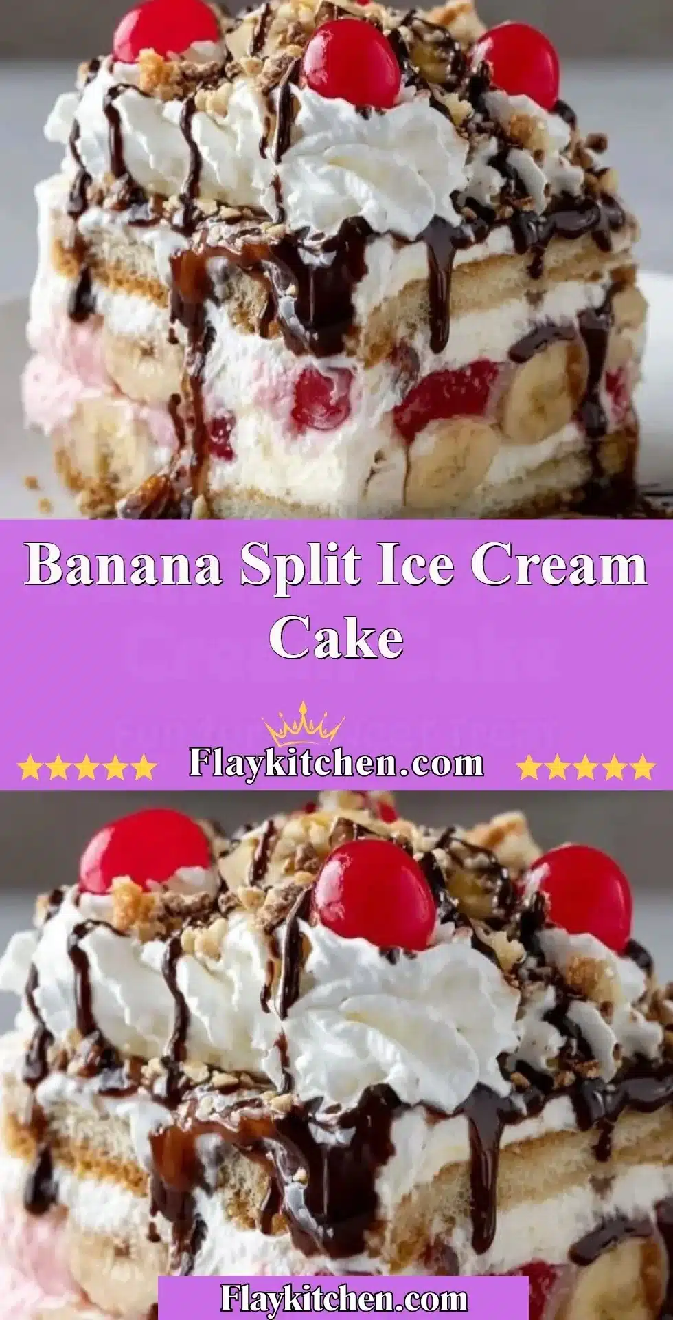 Delicious Banana Split Ice Cream Cake topped with cherries and whipped cream