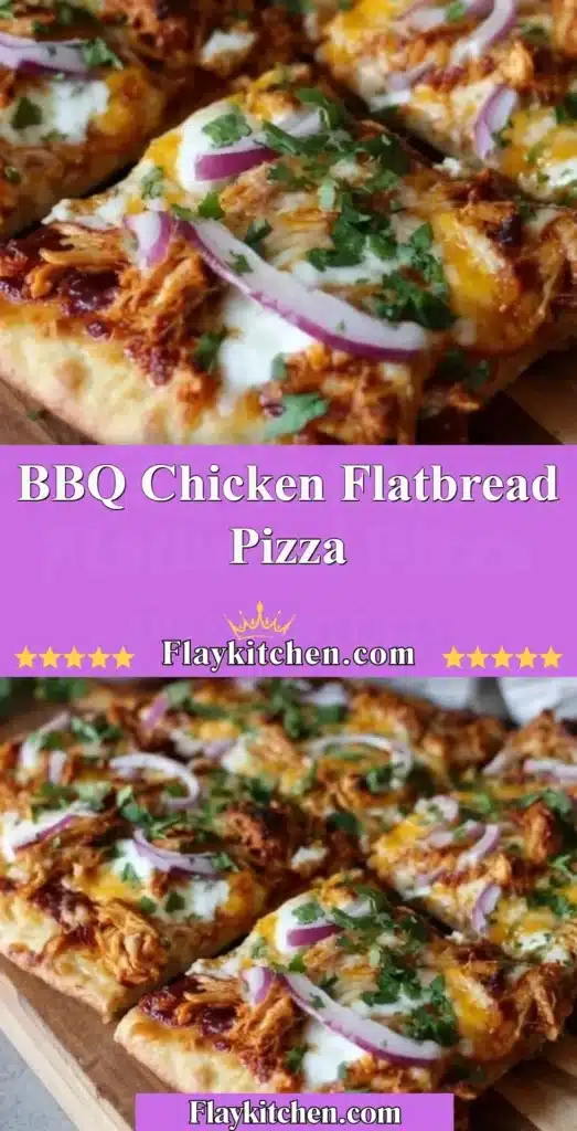 BBQ chicken flatbread pizza topped with cheese and fresh ingredients