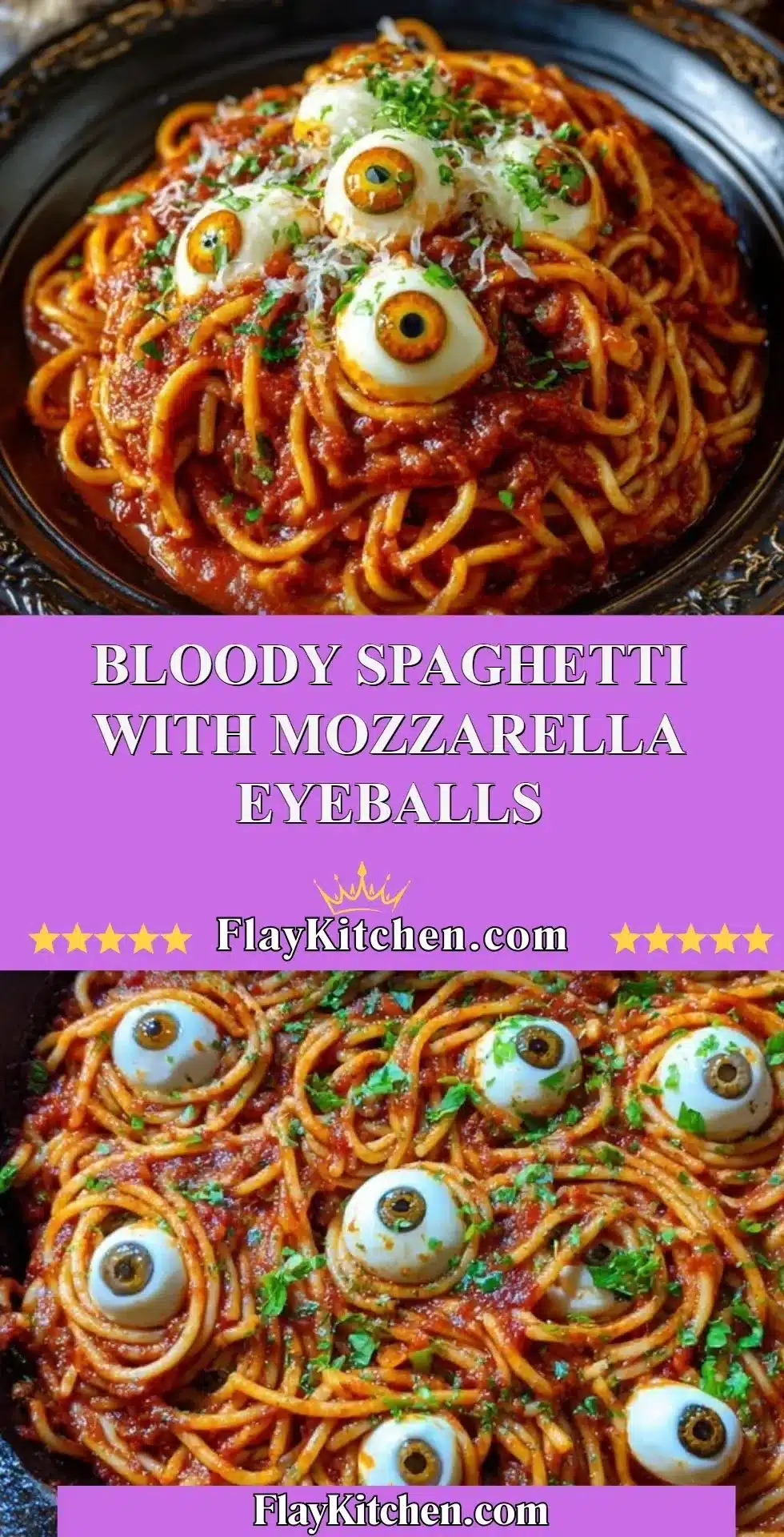 A spooky dish of Bloody Spaghetti topped with mozzarella eyeballs for Halloween.