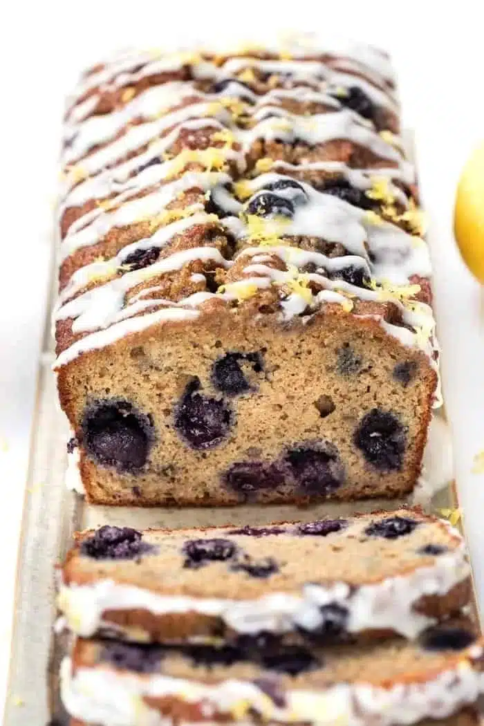 Freshly baked blueberry banana bread with blueberries on top