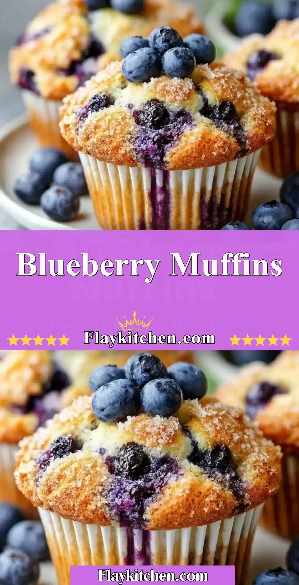Freshly baked blueberry muffins with a golden top and juicy blueberries