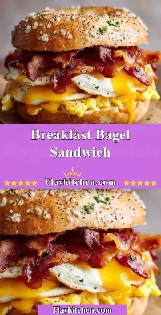 Delicious breakfast bagel sandwich with egg, cheese, and bacon on a toasted bagel.