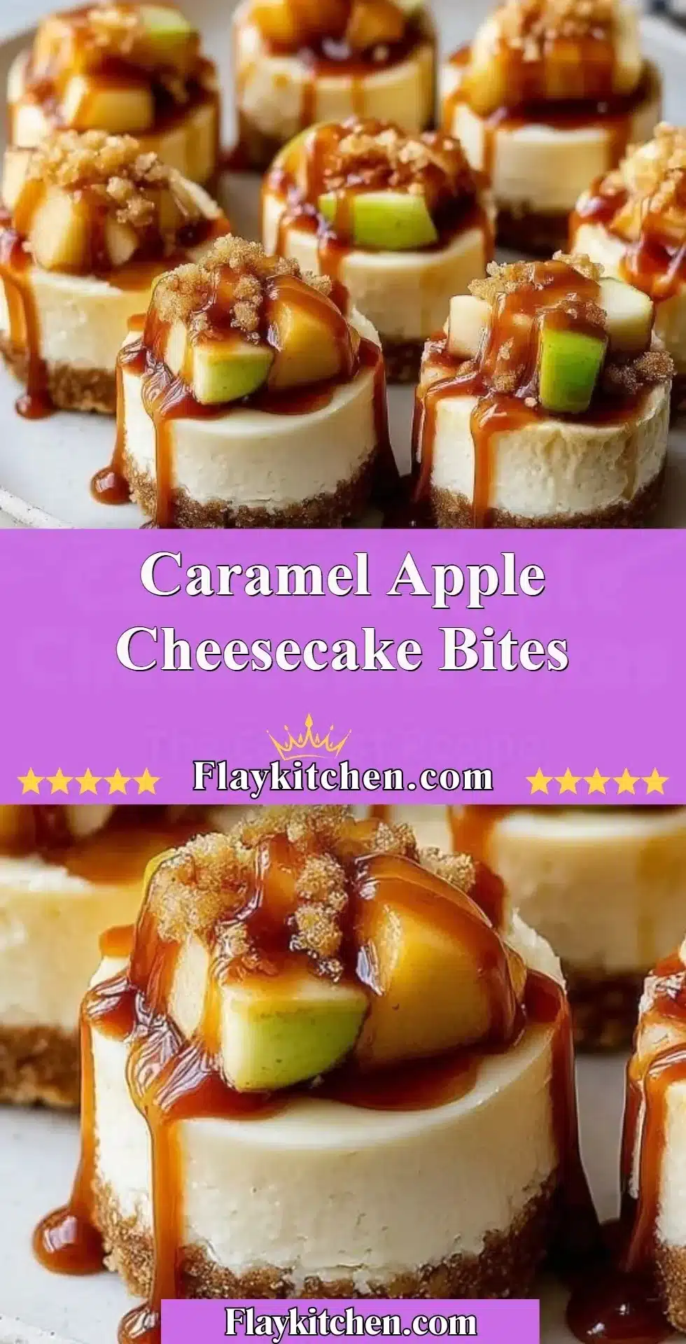 Delicious caramel apple cheesecake bites on a serving platter