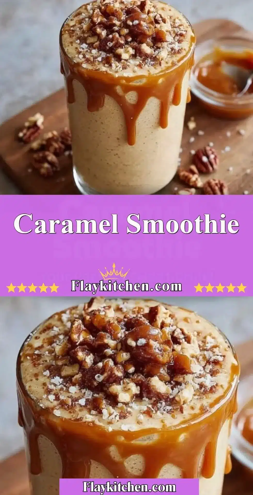 Delicious caramel smoothie garnished with whipped cream and caramel drizzle