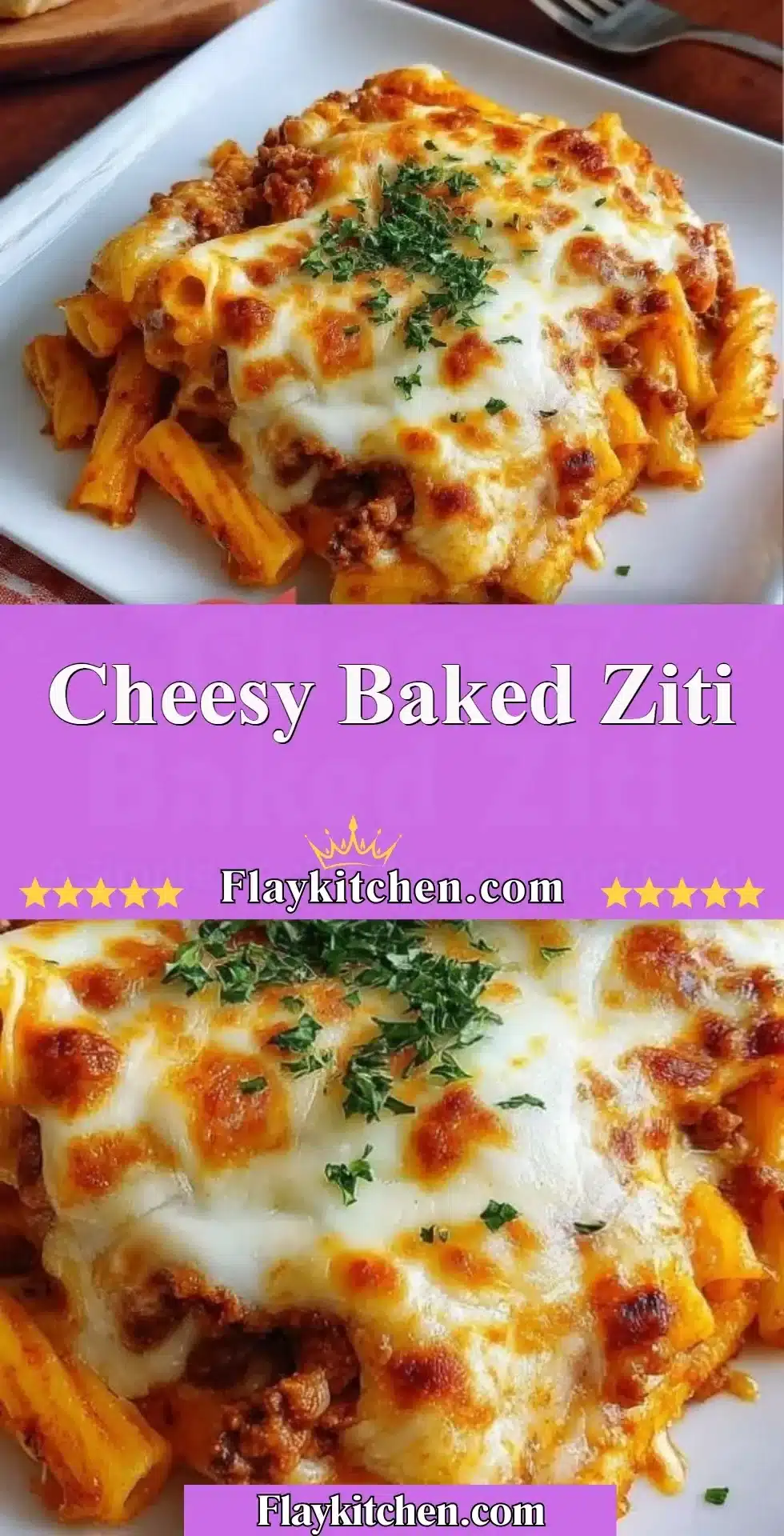 Cheesy Baked Ziti 2 Delicious cheesy baked ziti topped with melted cheese and herbs