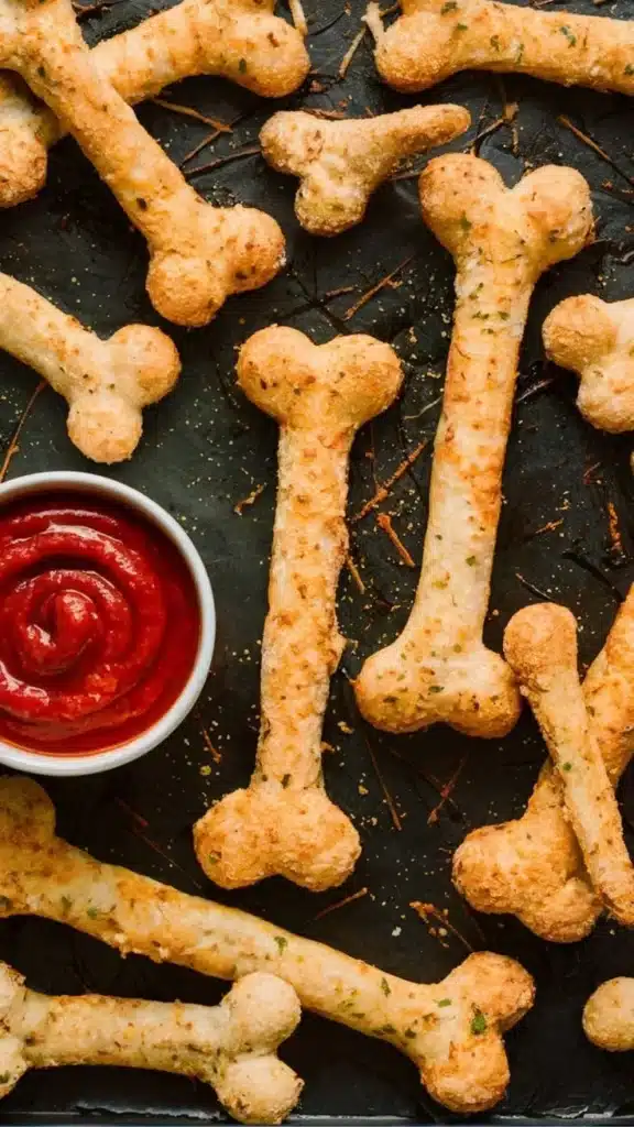 Cheesy Halloween Breadstick Bones shaped as spooky bones for Halloween snacks
