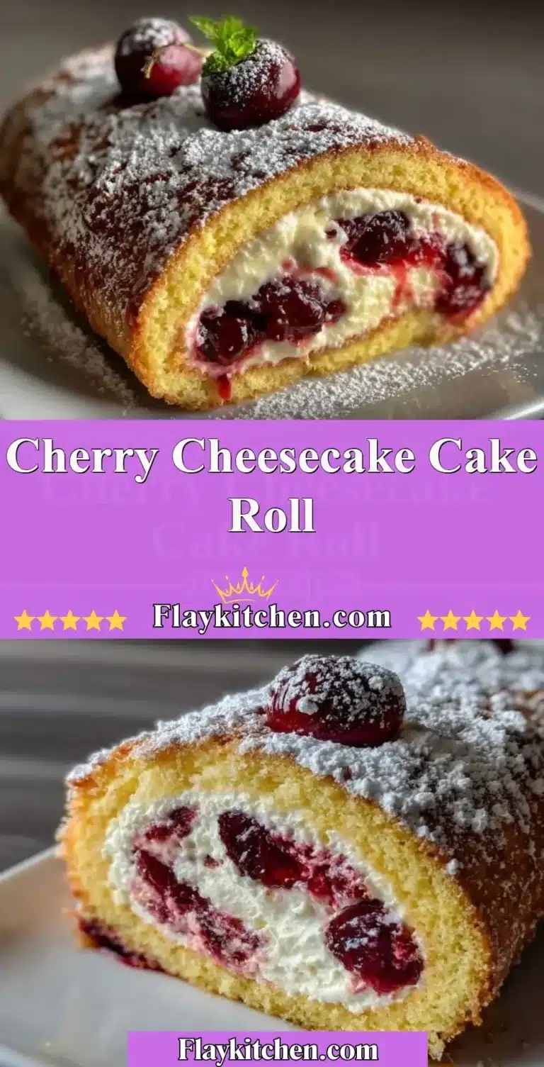 Cherry cheesecake cake roll with whipped cream and cherry topping