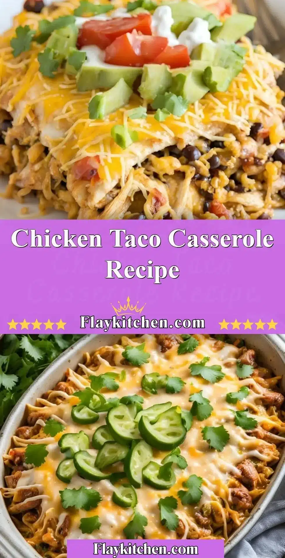 Delicious chicken taco casserole topped with cheese and fresh toppings