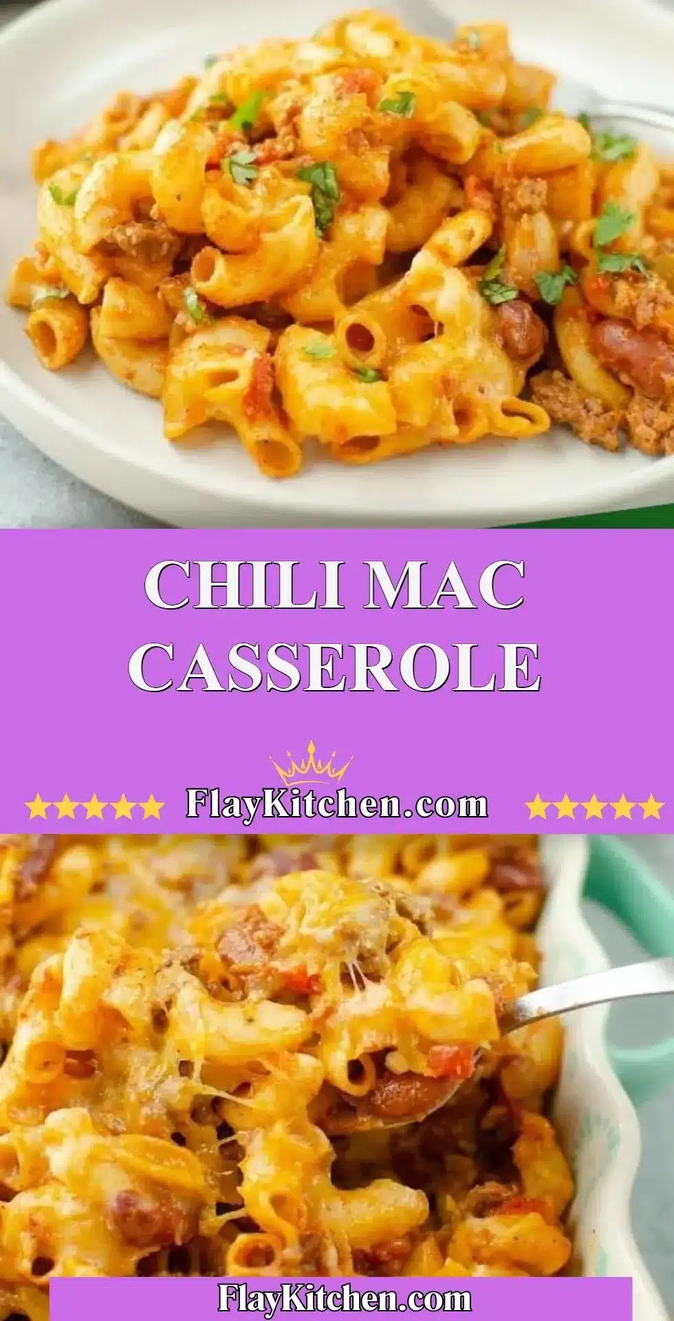 Delicious Chili Mac Casserole topped with cheese and fresh herbs.