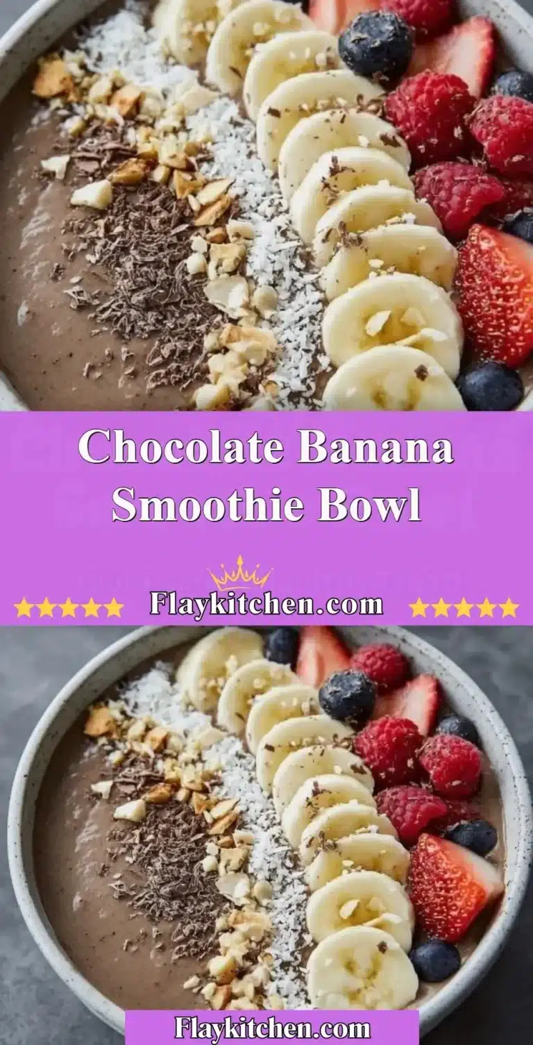 Chocolate Banana Smoothie Bowl topped with fruits and nuts