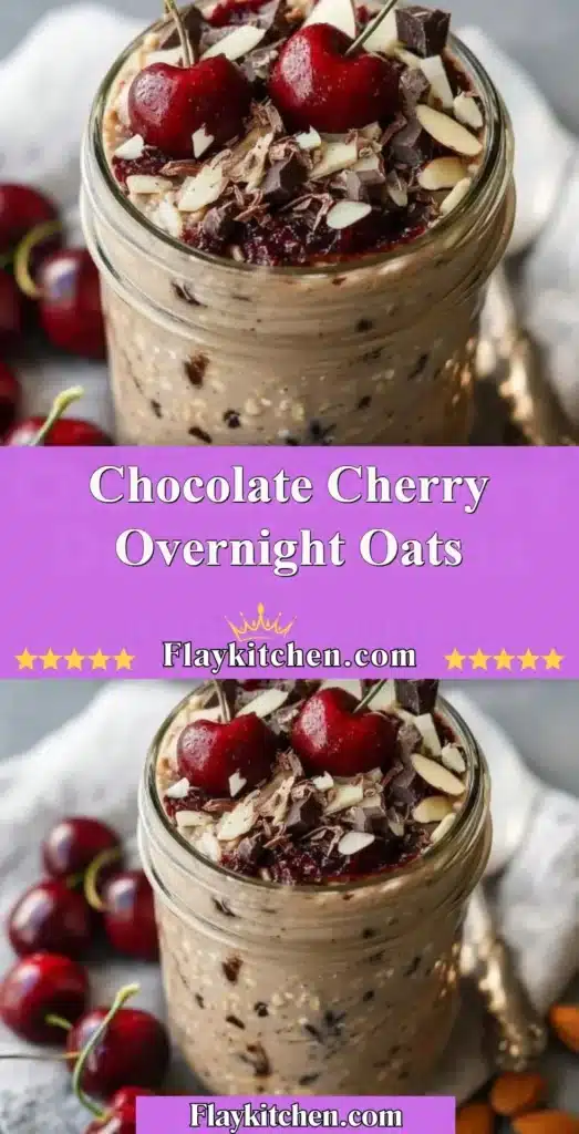 Bowl of chocolate cherry overnight oats with fresh cherries on top
