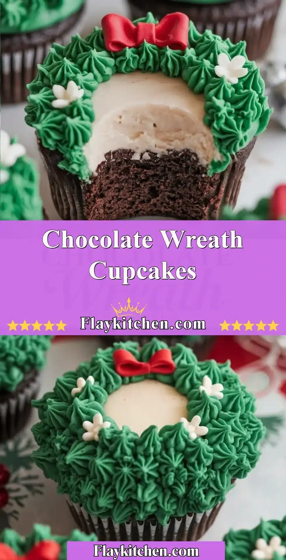 Delicious chocolate wreath cupcakes decorated for the holidays