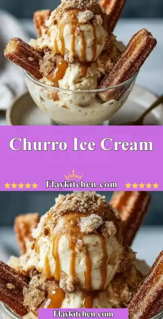Decadent churro ice cream served in a bowl topped with cinnamon and chocolate sauce.