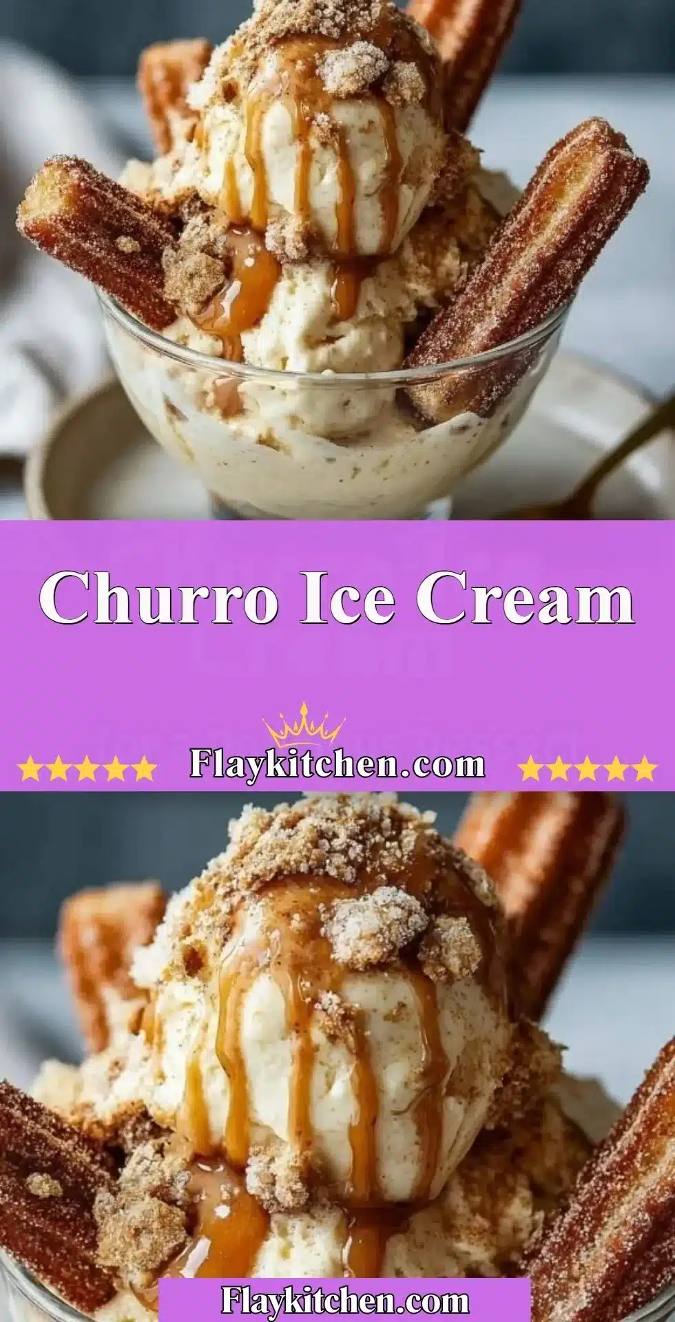 Decadent churro ice cream served in a bowl topped with cinnamon and chocolate sauce.