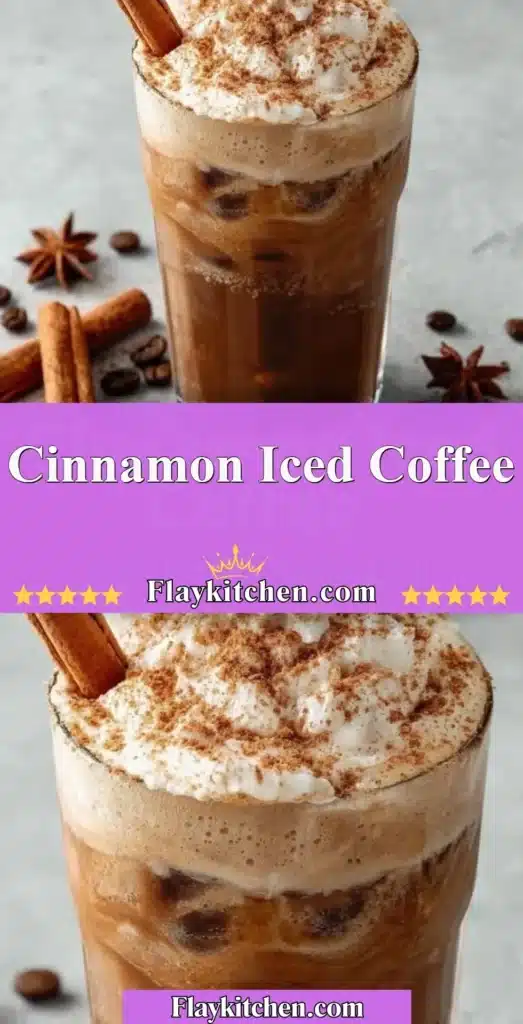 Refreshing glass of cinnamon iced coffee topped with whipped cream.