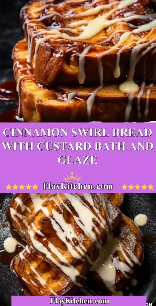 Freshly baked cinnamon swirl bread with custard bath and glaze