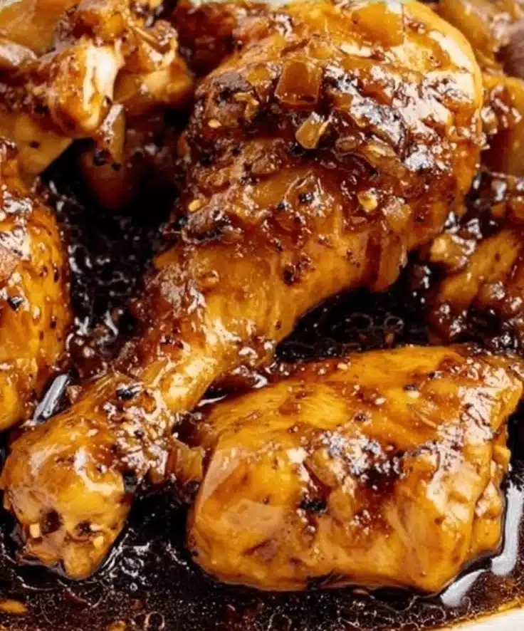 Coca-Cola glazed chicken served on a plate with herbs and garnishes