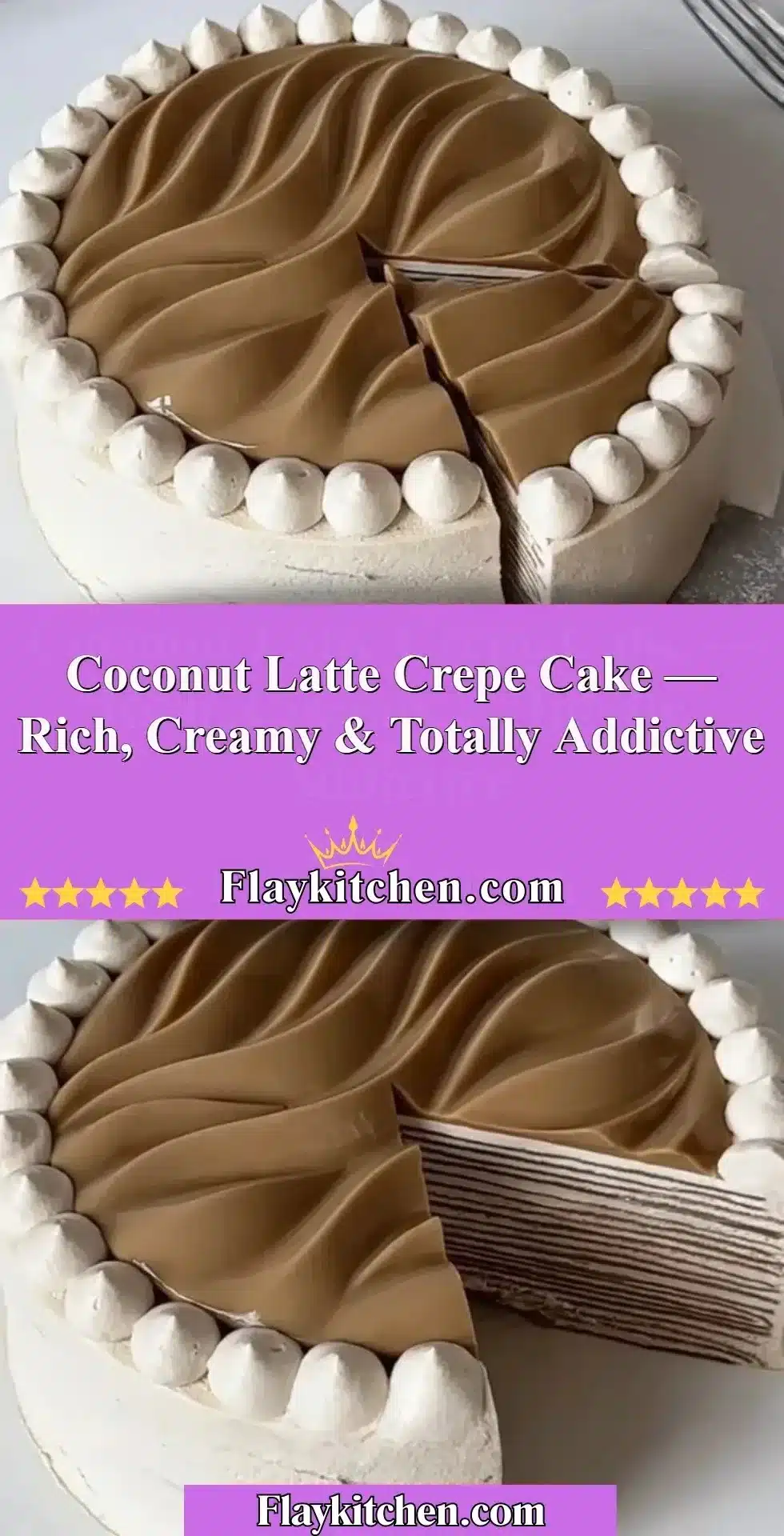 Delicious Coconut Latte Crepe Cake layered with rich cream and coconut flavor