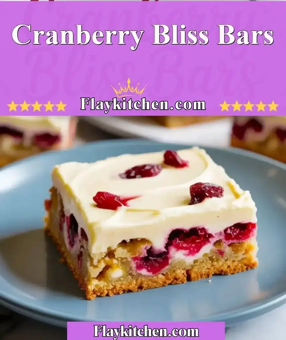 Delicious homemade Cranberry Bliss Bars topped with cream cheese frosting and cranberries.