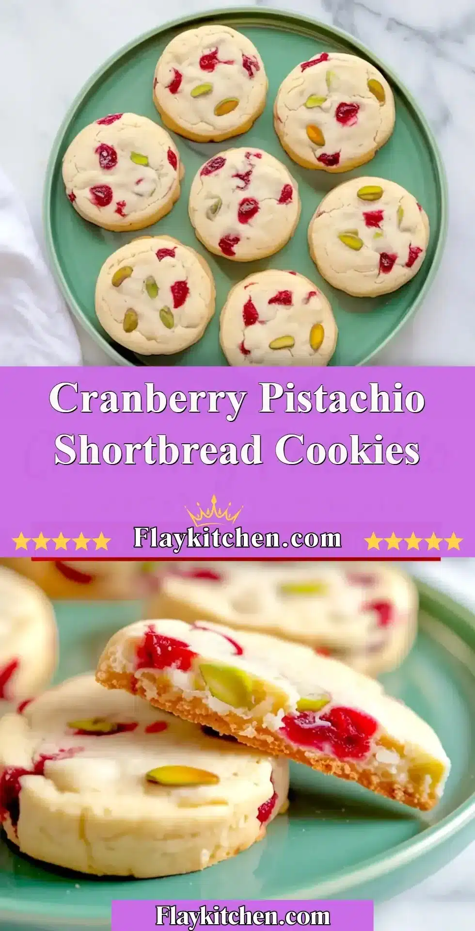 Cranberry Pistachio Shortbread Cookies on a plate, decorated with festive colors.