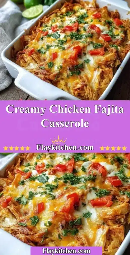 Creamy chicken fajita casserole topped with vibrant bell peppers and melted cheese