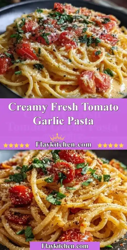 Creamy fresh tomato garlic pasta served in a bowl with herbs