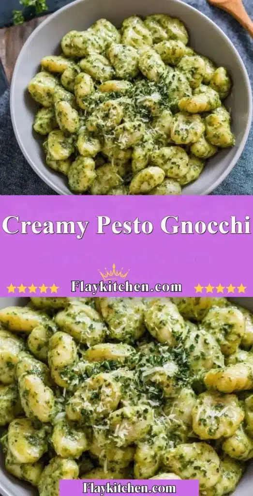 Bowl of creamy pesto gnocchi topped with fresh basil and parmesan cheese