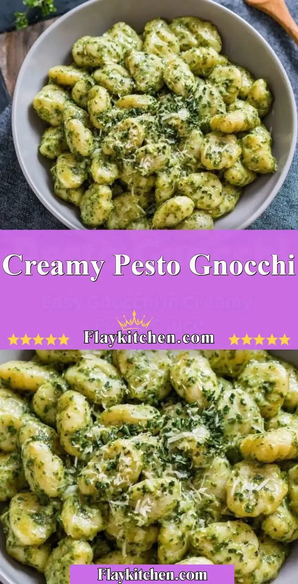Bowl of creamy pesto gnocchi topped with fresh basil and parmesan cheese