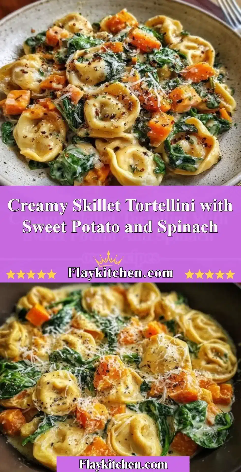 Creamy skillet tortellini with sweet potato and spinach served in a cast iron skillet