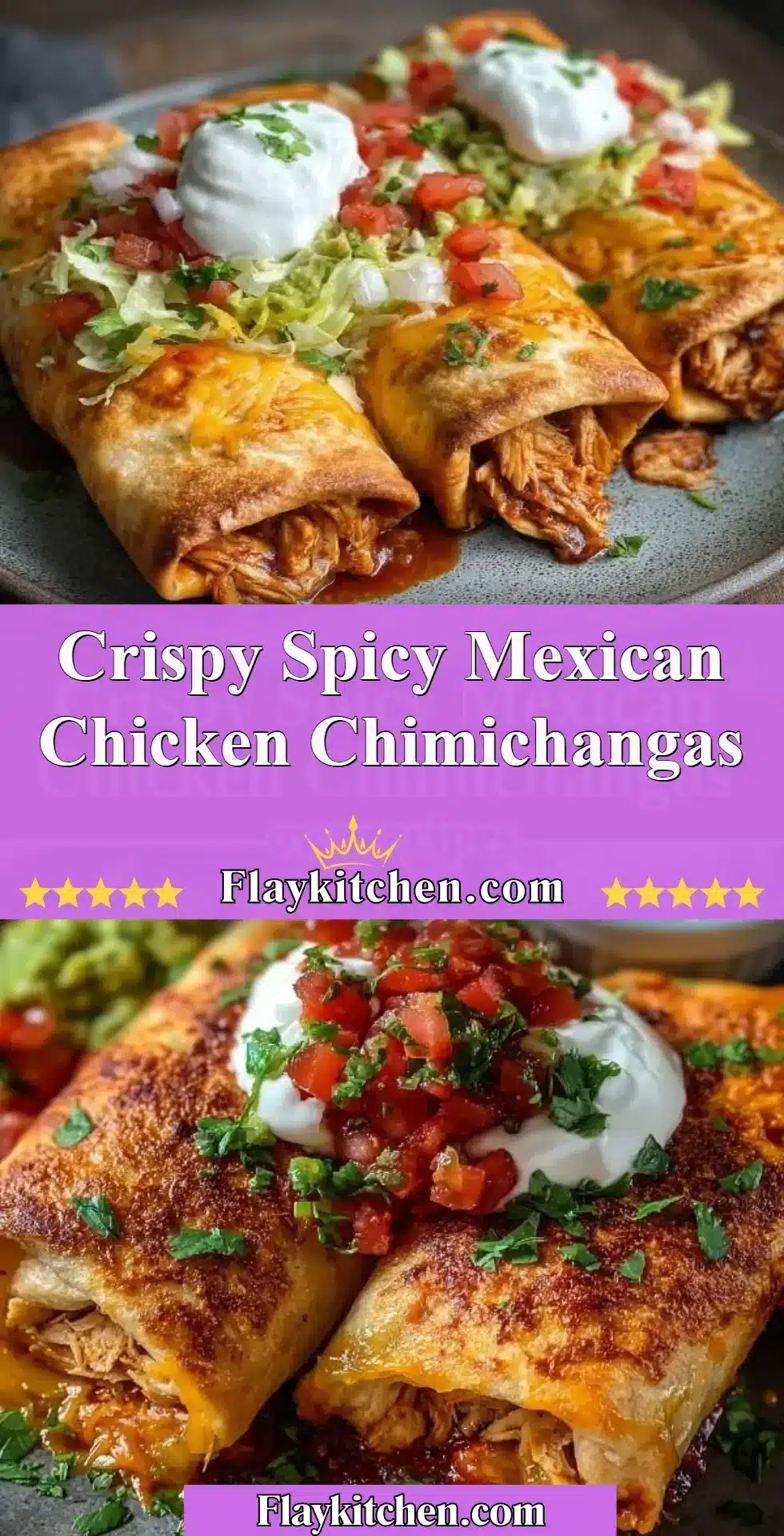 Crispy spicy Mexican chicken chimichangas on a plate with garnishes.
