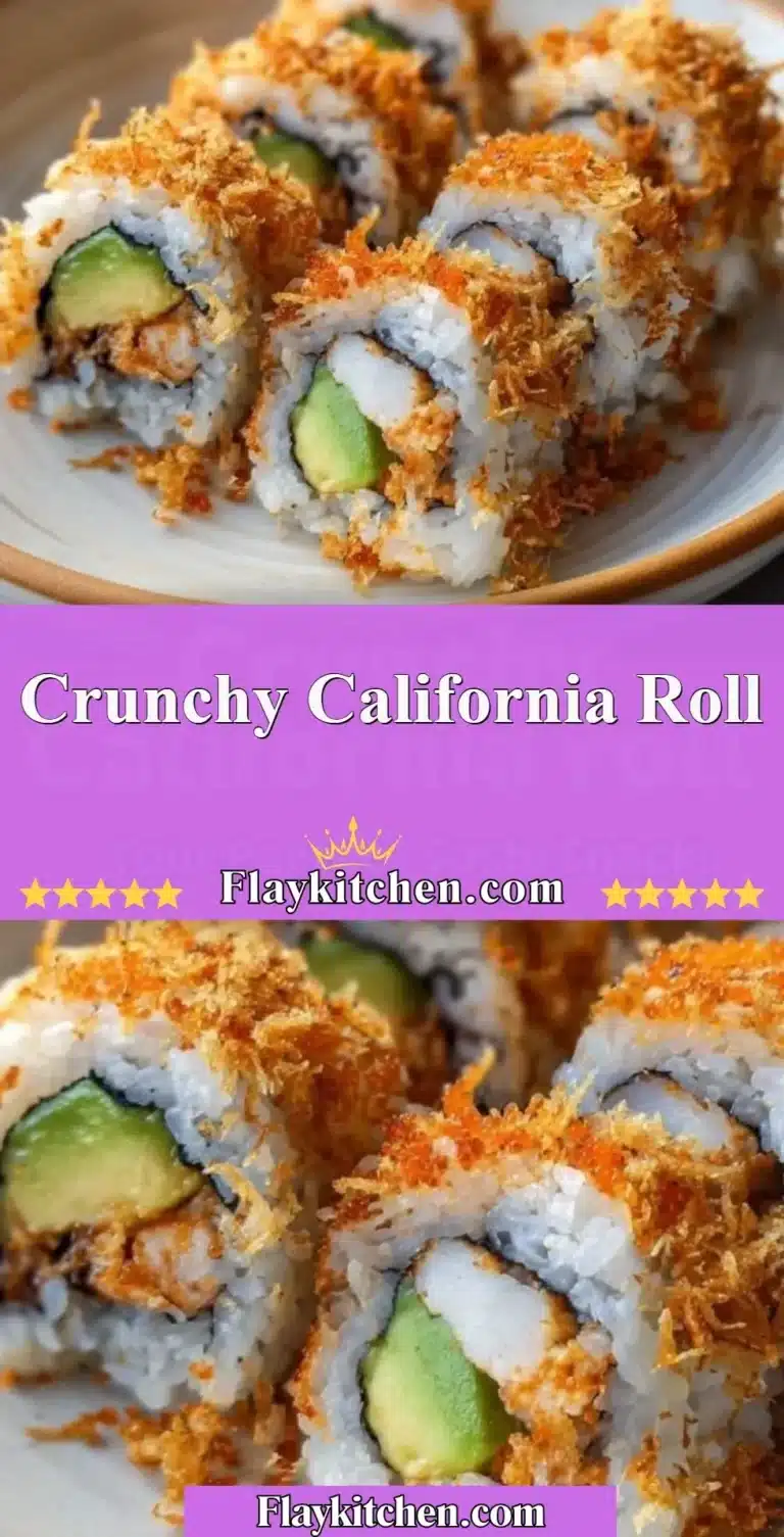 Crunchy California Roll with crab, avocado, and cucumber, topped with crispy tempura flakes.