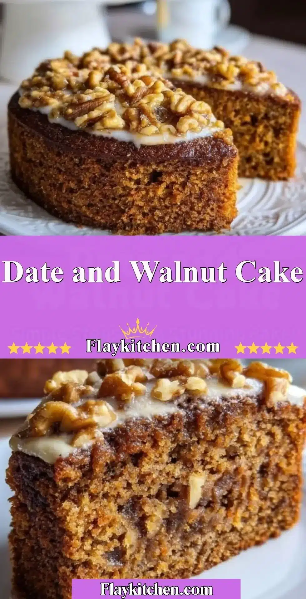 Delicious slice of Date and Walnut Cake with nuts on a wooden plate
