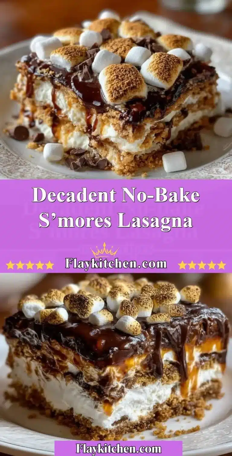 Decadent no-bake s'mores lasagna with layers of chocolate, marshmallows, and graham crackers