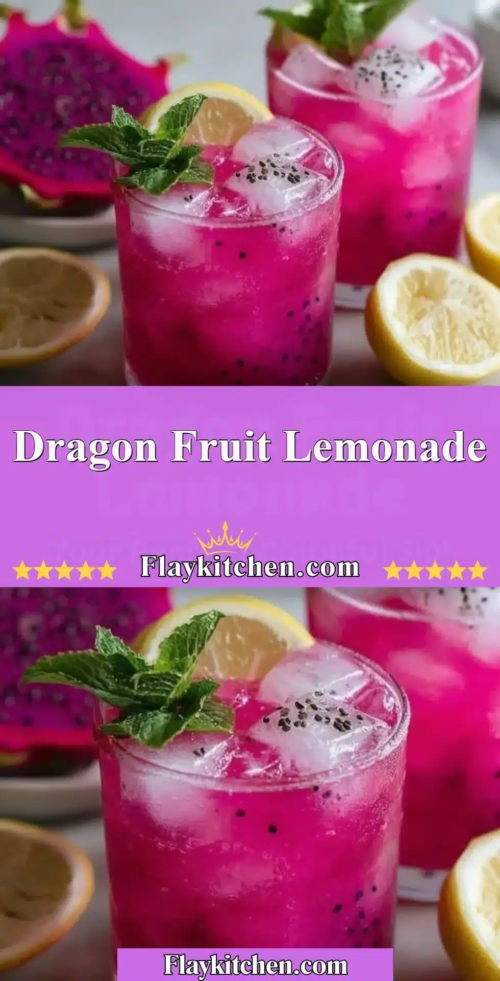 Glass of dragon fruit lemonade garnished with mint leaves and slices of lemon.