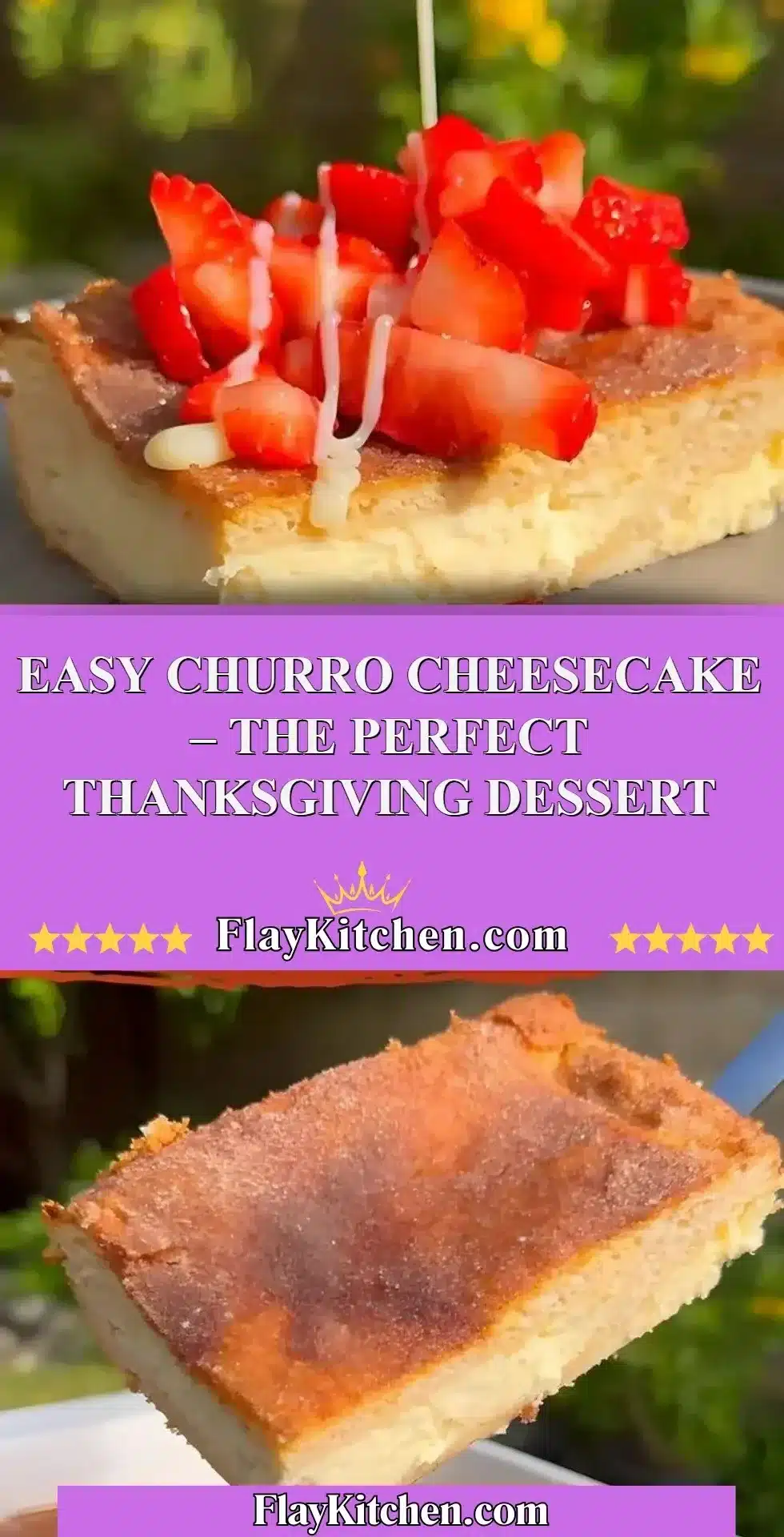 Delicious easy churro cheesecake topped with cinnamon and sugar