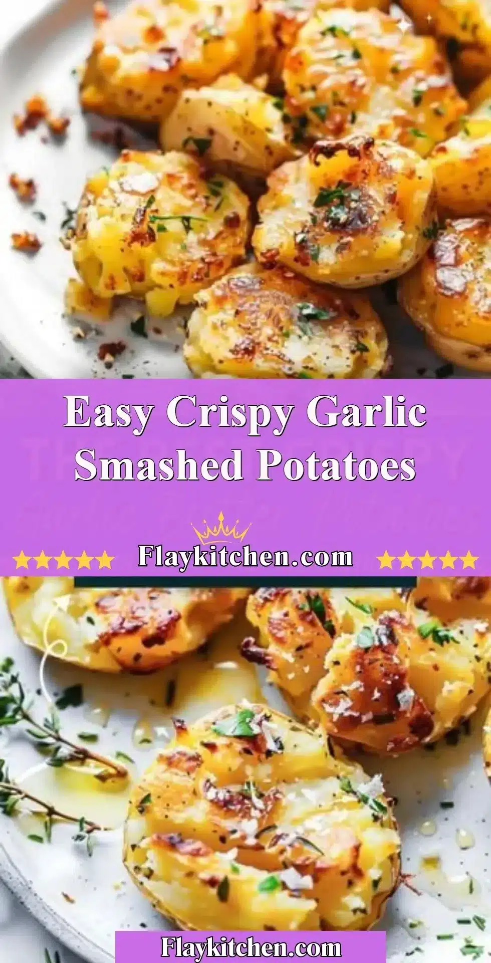 Plate of easy crispy garlic smashed potatoes garnished with herbs
