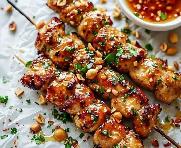 Easy grilled chicken skewers drizzled with honey garlic sauce on a plate