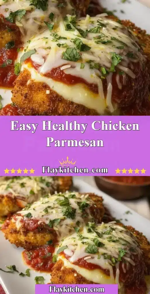 Easy healthy chicken parmesan dish served on a plate with fresh basil.