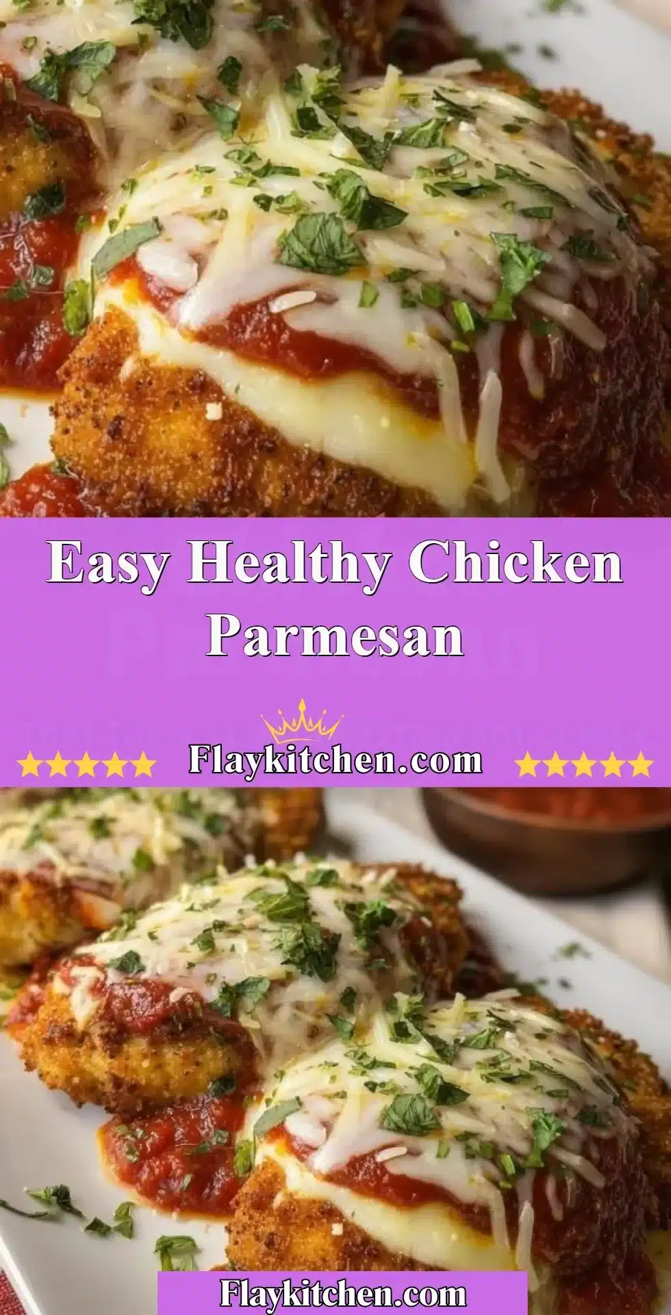 Easy Healthy Chicken Parmesan 2 Easy healthy chicken parmesan dish served on a plate with fresh basil.