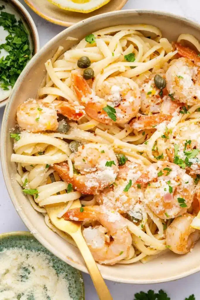 Delicious easy shrimp scampi served with pasta and garlic bread